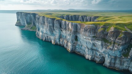Wall Mural - Detailed aerial view of a coastal cliff, where the contrast between the rugged rock formations and the blue ocean below creates a dramatic and visually captivating scene. Abstract Backgrounds