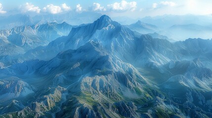 Wall Mural - Detailed aerial view of a mountain range, where the interplay of shadows and light on the rugged terrain creates an abstract, almost surreal landscape of peaks and valleys. Abstract Backgrounds