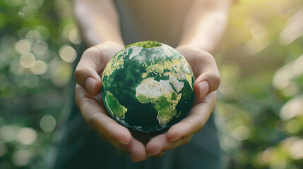 Poster - Green earth planet resting on volunteer's woman hands, symbolizing sustainable ecology and environmental friendly concept for World Environment Day.