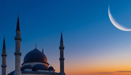 Wall Mural - Mosques Dome on dark blue twilight sky and Crescent Moon on background, symbol islamic religion Ramadan and free space for text arabic, Eid al-Adha, Eid al-fitr, Mubarak, Islamic new year Muharram