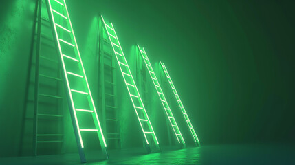 Wall Mural - A futuristic abstract scene with glowing green ladders positioned against a green background, creating an ethereal atmosphere.