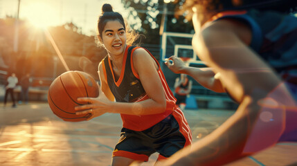 Wall Mural - A woman in a basketball uniform holds a basketball in her hands and smiles. A basketball game. The concept of a sports competition