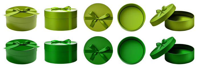 Wall Mural - 2 Set of dark light green lime gift present round circle box with bow ribbon on transparent cutout PNG file. Mockup template for artwork design. open close top side flat lay view many different angle
