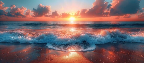Sunset Waves on a Sandy Beach