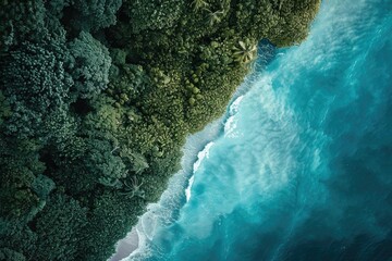 Wall Mural - Aerial view of lush tropical forest meeting clear turquoise ocean waves on an untouched coastline, showcasing nature's beauty and contrast.