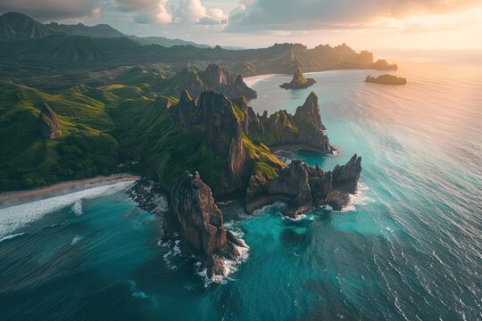 A stunning aerial view of rugged cliffs and turquoise waters at sunset, showcasing breathtaking coastal beauty and dramatic landscapes.