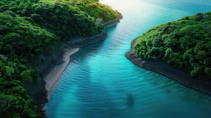 Wall Mural - Aerial view of a serene coastal landscape with lush green hills and turquoise waters, showcasing the beauty of nature and tranquility.