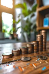 Side view of coin stack with a growth chart, upward trend, business marketing, clear background