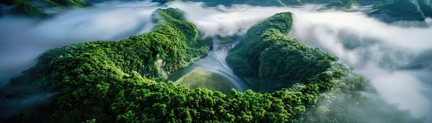 Wall Mural - Aerial view of lush green mountains and valleys enveloped in clouds, capturing the serene beauty of nature in a misty landscape.