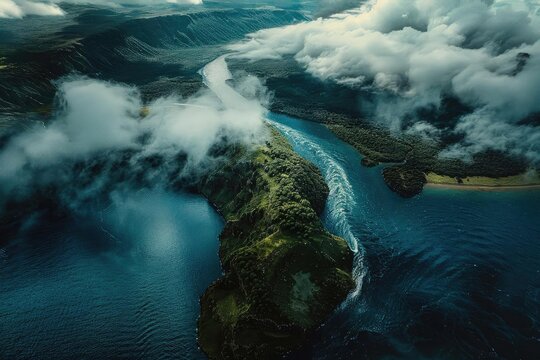 A stunning aerial view of a mountainous landscape surrounded by blue water and clouds, showcasing nature's majestic beauty.