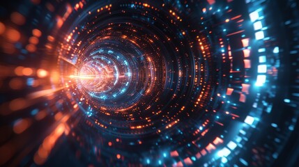 Wall Mural - abstract digital tunnel with orange and blue lights