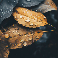 Wall Mural - Autumnal season leaves and water drop in after rain