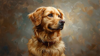 Wall Mural - A vibrant oil painting of a fluffy golden retriever, its eyes sparkling with playful mischief, set against a soft-focus background that enhances its lively expression and glossy fur texture.