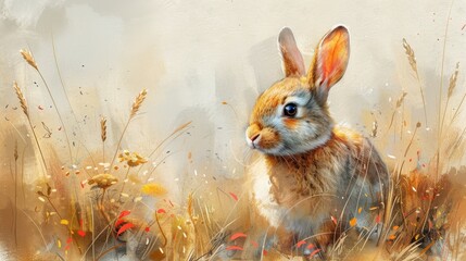 A whimsical watercolor portrait of a curious rabbit, its floppy ears and twitching nose portrayed with gentle brushstrokes that convey its endearing nature and the essence of a sunny meadow backdrop.