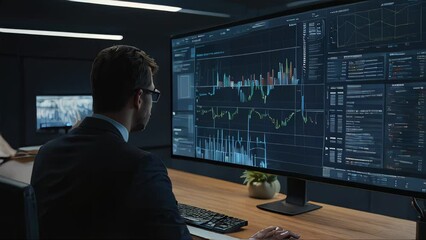 Back view data scientist analyzing big data, with visualizations on the screen, in a contemporary office