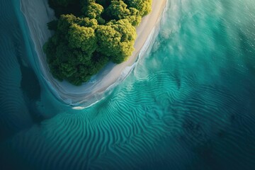 Wall Mural - Aerial view of a pristine tropical island surrounded by turquoise water and sandy beaches. Vibrant greenery contrasts with the clear blue sea.