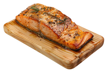 Salmon fillet fried to perfection. It has crispy skin and soft, juicy meat. Isolated on a white background.