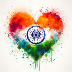 watercolor splash of heart-shaped Indian Tricolor flag background for Republic or Independence Day.