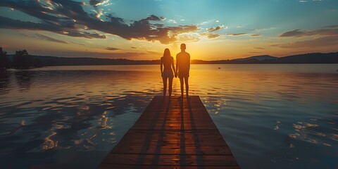 Wall Mural - couple holding hands on a dock at sunset