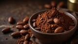Close up of cocoa powder in a brown ceramic bowl, raw cocoa beans around, with copy space, concept of cocoa trading, cocoa pricing increasing or changing, food ingredient.