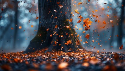 Wall Mural - falling tree leaves in the park.