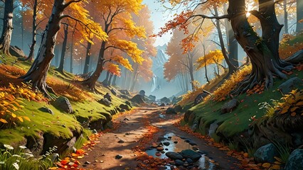 Wall Mural - Autumn Forest Path with Stream.