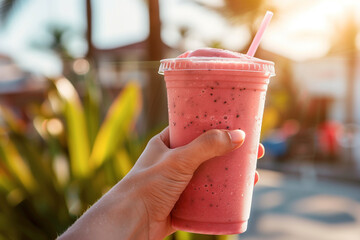 Wall Mural - A person is holding a pink drink in a plastic cup. The drink is cold and refreshing, and the person appears to be enjoying it. The scene takes place outdoors, with a palm tree in the background