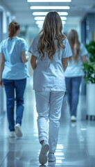 Wall Mural - Nurses and people walking, teamwork or planning healthcare, clinic management and talking of ideas. Medical worker.