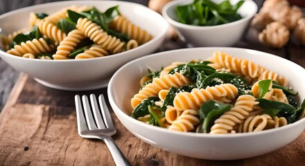 Wall Mural - Fusilli pasta with spinach and mushrooms on a white plate. Vegan food. Italy