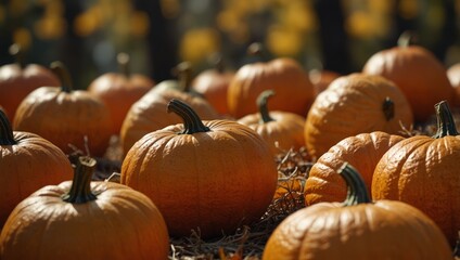 Autumn Halloween pumpkins Orange pumpkins over bright autumnal nature background, with copy space.