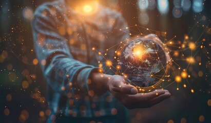Wall Mural - a hand holding a miniature representation of earth, glowing globe, global network