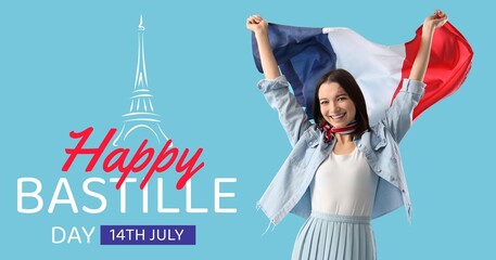 Canvas Print - Happy young woman with flag of France on light blue background. Bastille Day celebration