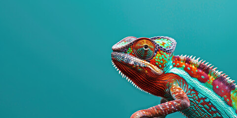 Wall Mural - A chameleon with vibrant colors on its skin, sitting against a teal background. Web banner with copyspace on the right