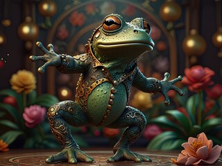 Wall Mural - A small green tree frog perched on a leaf (an amphibian in nature)  is a good description that combines elements from your list and avoids using words outside the instructions