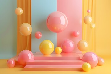 Sticker - Pink and yellow balls floating on a podium with a pastel colored background