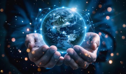 Wall Mural - A hand holding a miniature representation of Earth, glowing globe, global network