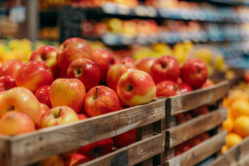 Wall Mural - pile of apples in wooden crate at supermarket. red and yellow apple fruits