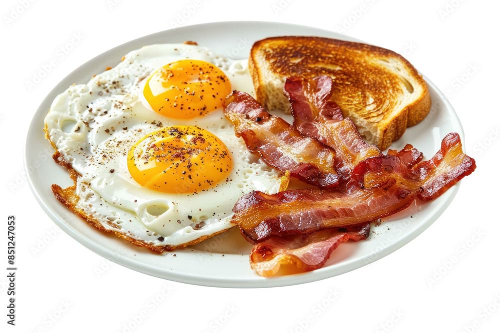 breakfast of two fried eggs and bacon, Isolated on a white background ...