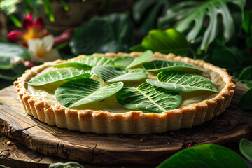 Wall Mural - there is a pie with leaves on top of it on a wooden board