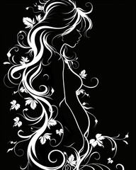 Wall Mural - A woman with long hair and a flowery design on her dress. The woman is pregnant and is wearing a black dress