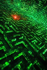 Wall Mural - a digital maze teeming with glowing green code, a single red virus particle navigating through the l