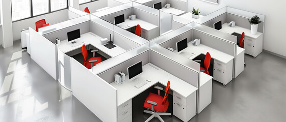 Poster - Modern office cubicles, clean lines, organized layout,