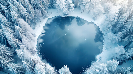 Wall Mural - High-angle view of a frozen lake surrounded by snow-covered trees, tranquil winter scene