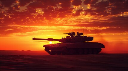 A photorealistic image of an Military tank M1 Abrams silhouetted against a fiery desert sunset