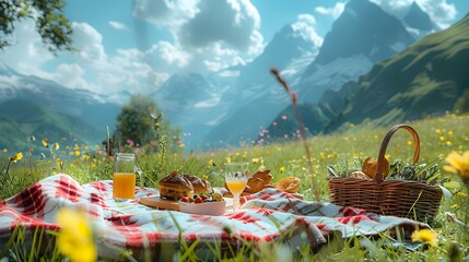 Poster - Picnic in a meadow overlooking the mountains picture