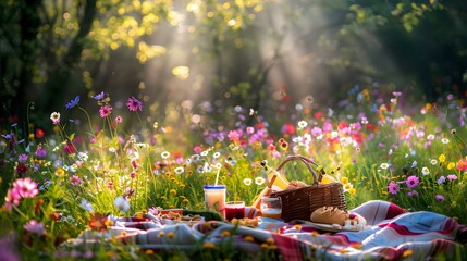 Poster - Picnic in a wildflower meadow colorful flowers picture