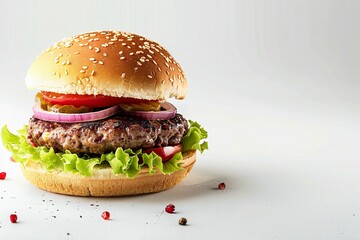 Wall Mural - Stock photo of classic hamburger, white background. HD, realistic, copyspace, Generative ai