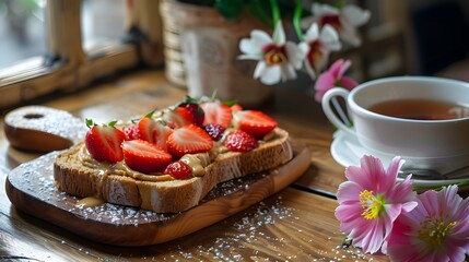 Wall Mural - Toasts with peanut butter and strawberries