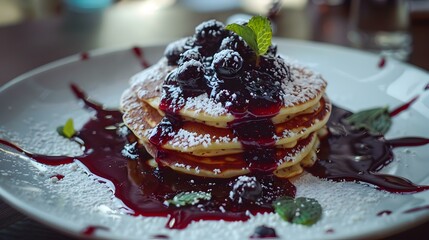 Wall Mural - Pancakes with blueberry sauce on a plate picture