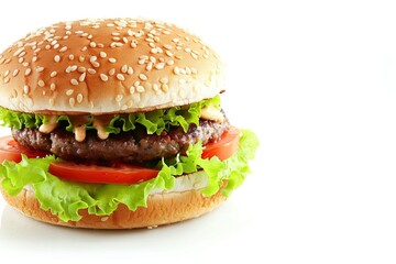 Wall Mural - Stock photo of classic hamburger, white background. HD, realistic, copyspace, Generative ai